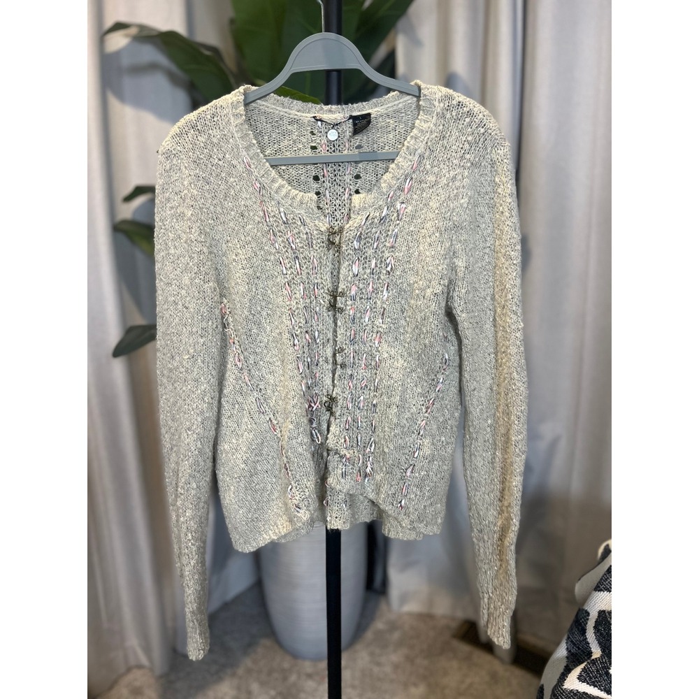 BKE Boutique Gray Open Knit Ribbon Woven Hook Eye Cardigan Sweater Womens Large